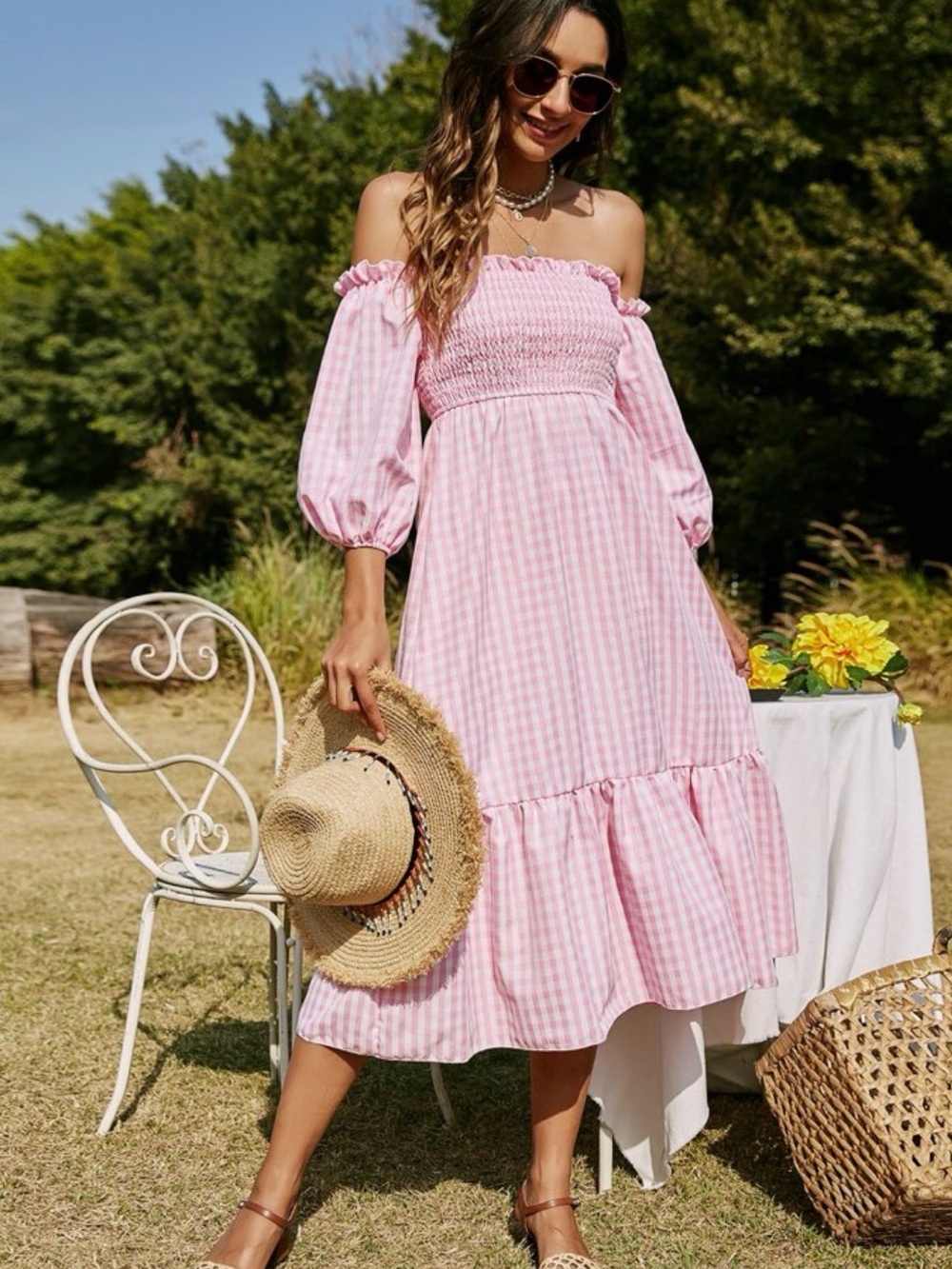 Off-Shoulder Pink Gingham Midi Dress